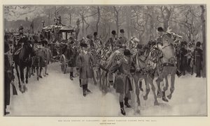 De Staatsopening van het Parlement, de koets van de koning passeert de Mall